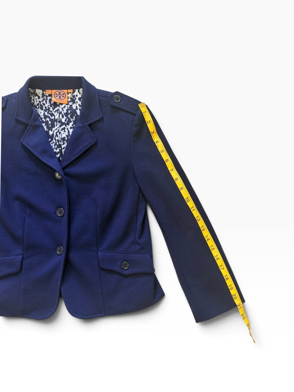 Tory Burch Navy Stretch Knit Military Blazer Jacket XS Printed Lining Epaulets - Picture 9 of 11